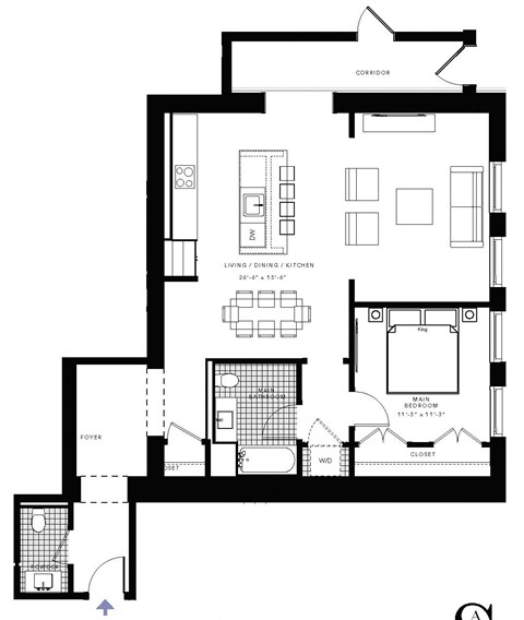 Floor plan for 1 bed, 1.5 baths, 1207 sqft